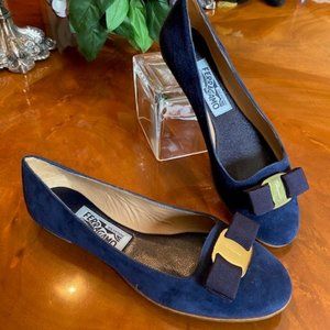 Ferragamo Blue Suede Flat with Bow: 7.5M